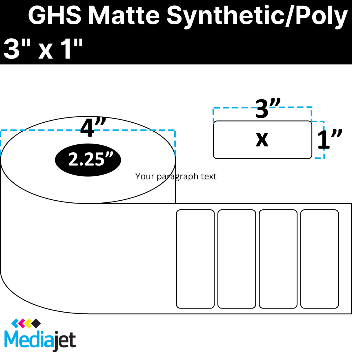 3" x 1" GHS / BS5609 Matte Synthetic Inkjet Labels. 8 Rolls per Case. 800 Labels per Roll. 4" OD, 2.25" Core. Perfed. SKU: ISP-3-1-800-225