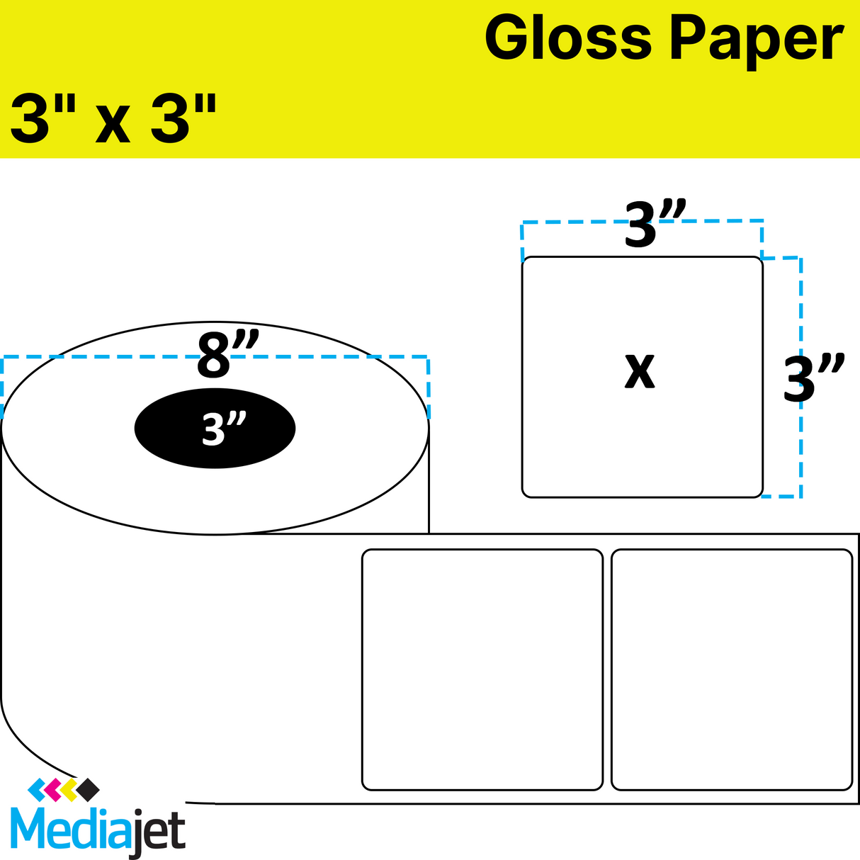 3" x 3" Gloss Paper Inkjet Labels. 2 Rolls per Case. 1,750 Labels per Roll. 6" OD, 3" Core. No Perfs. SKU: IJG-3-3-1750-3NP