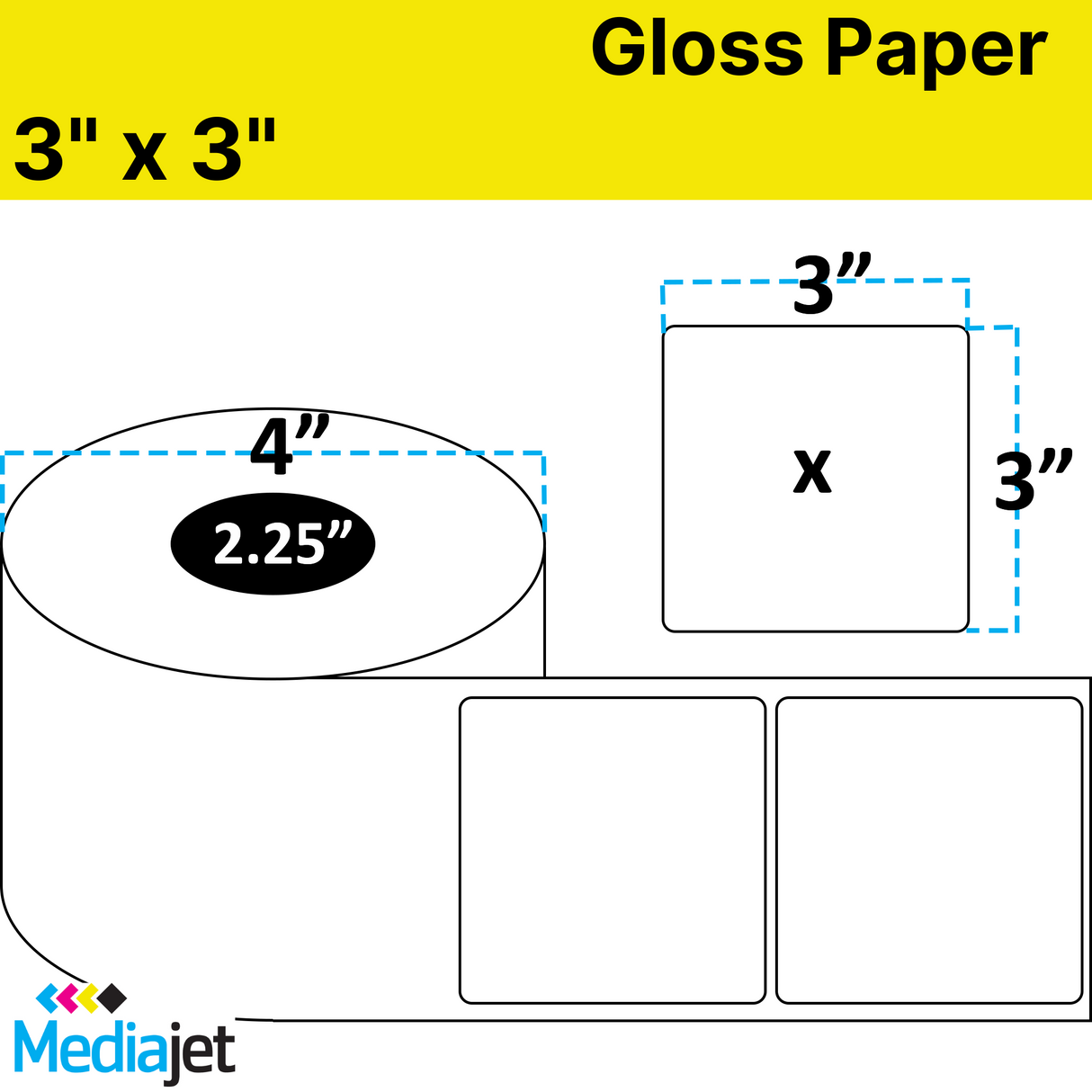 3" x 3" Gloss Paper Inkjet Labels. 8 Rolls per Case. 350 Labels per Roll. 4" OD, 2.25" Core. Perfed. SKU: IJG-3-3-350-225