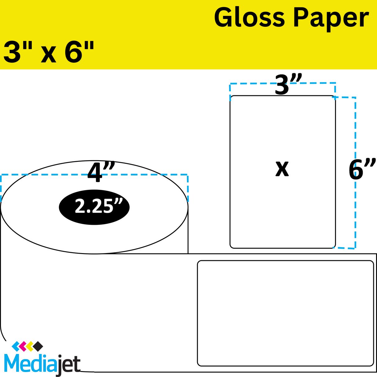 3" x 6" Gloss Paper Inkjet Labels. 8 Rolls per Case. 175 Labels per Roll. 4" OD, 2.25" Core. Perfed. SKU: IJG-3-6-175-225
