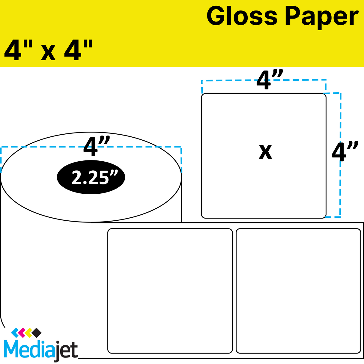 4" x 4" Gloss Paper Inkjet Labels. 8 Rolls per Case. 250 Labels per Roll. 4" OD, 2.25" Core. Perfed. SKU: IJG-4-4-250-225