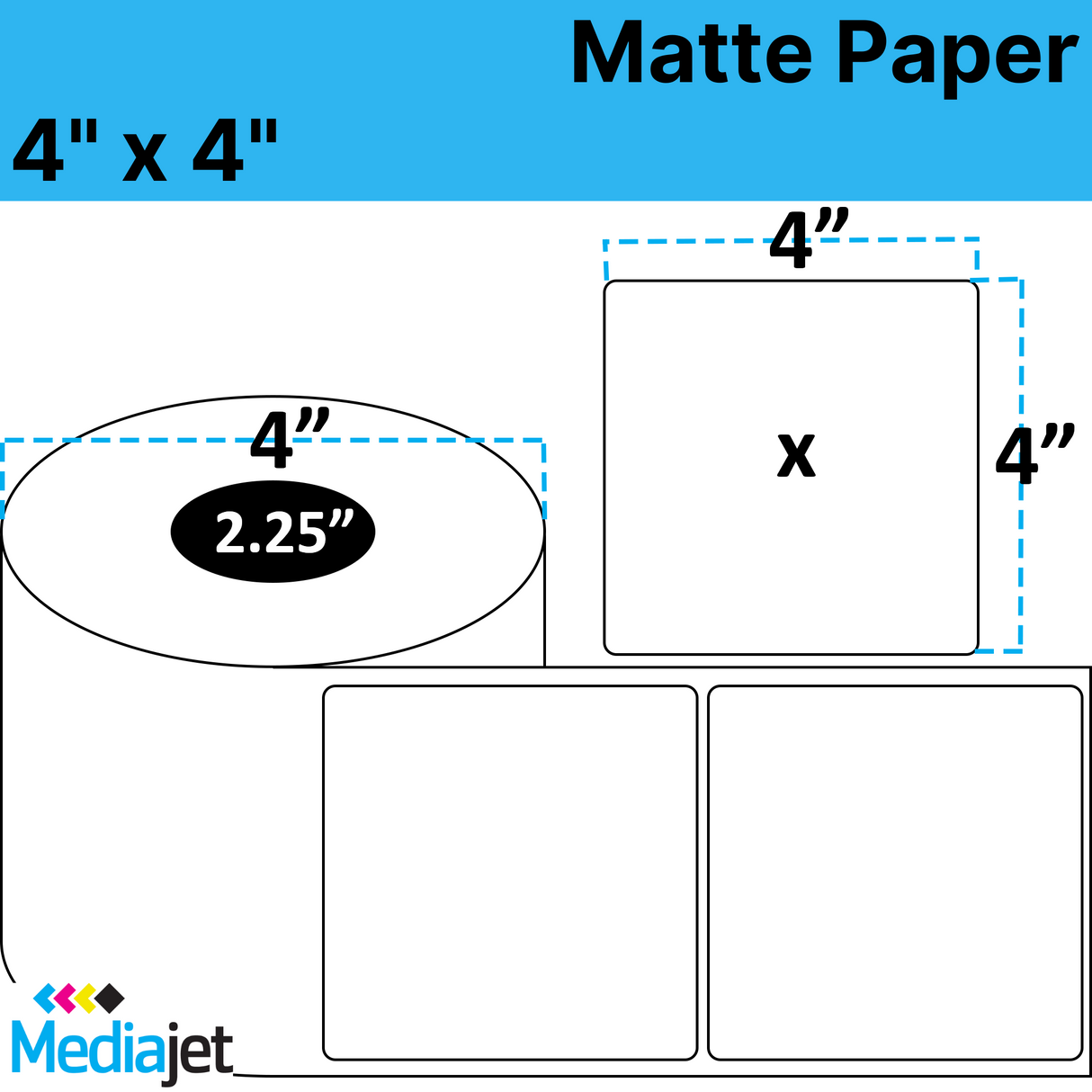 4" x 4" Matte Paper Inkjet Labels. 8 Rolls per Case. 250 Labels per Roll. 4" OD, 2.25" Core. Perfed. SKU: IJM-4-4-250-225