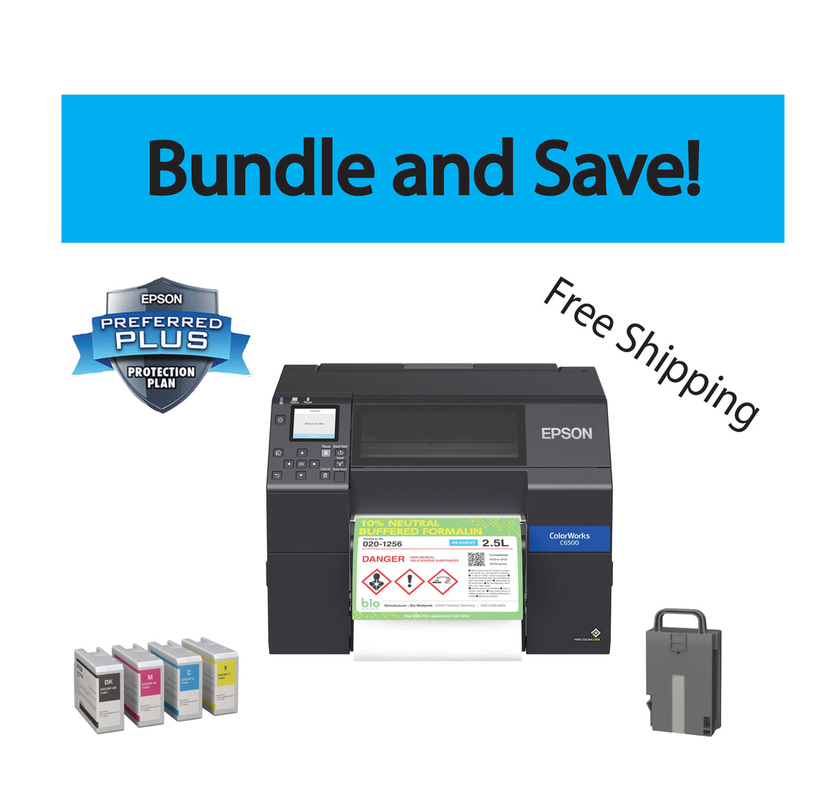 CW-C6500P PRINTER BUNDLE, 1 Printer, 2 sets of Ink, 2 Maintenance Boxes, and a 3 Year SITA Service Plan.
