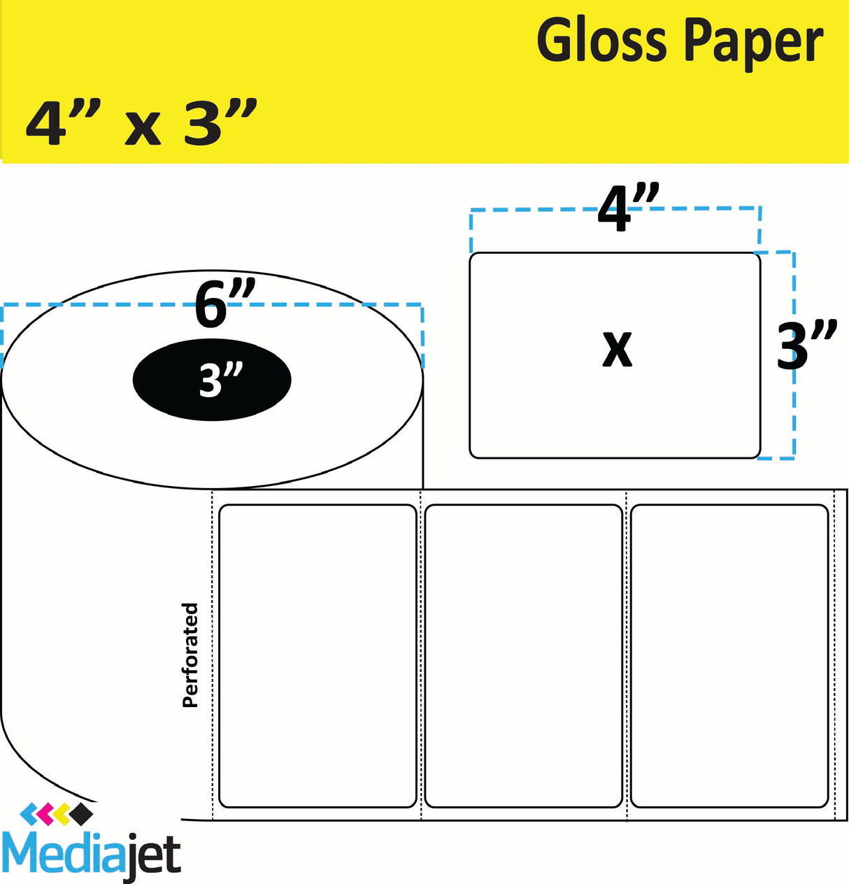 4" x 3" Gloss Paper Inkjet Labels. 4 Rolls per Case. 800 Labels per Roll. 6" OD, 3" Core. Perfed. SKU: IJG-4-3-800-3