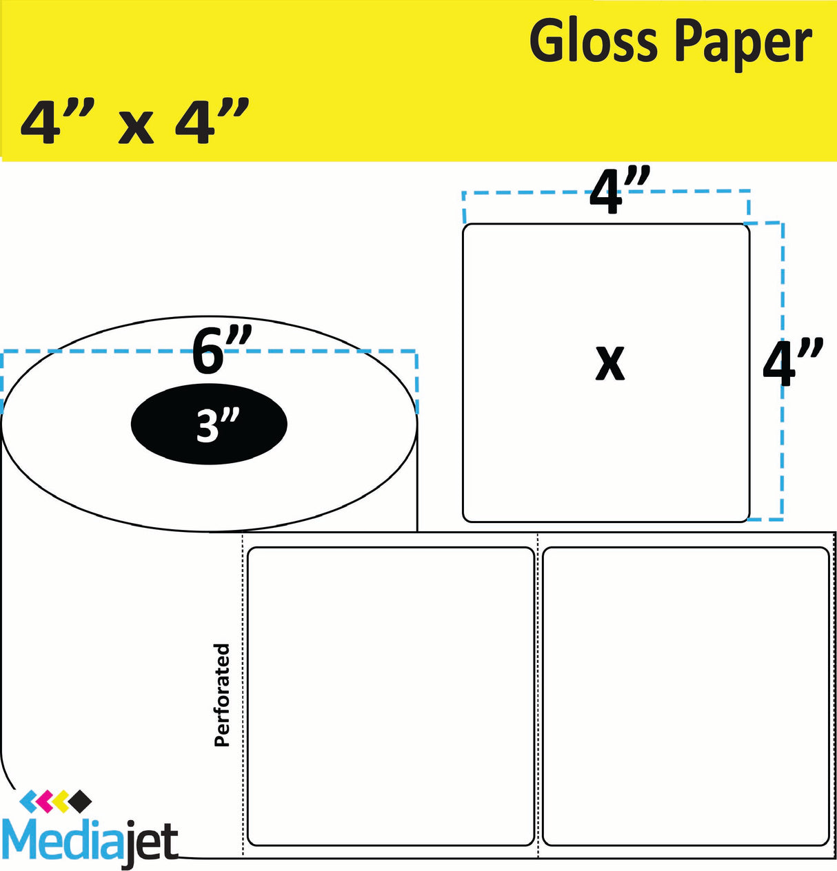 4" x 4" Gloss Paper Inkjet Labels. 4 Rolls per Case. 625 Labels per Roll. 6" OD, 3" Core. Perfed. SKU: IJG-4-4-625-3