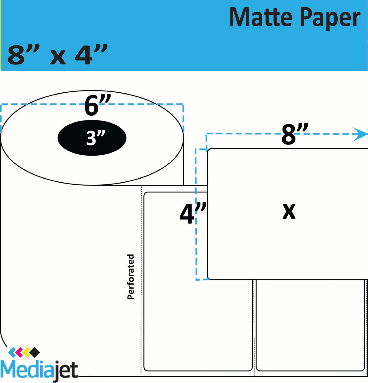8" x 4" Matte Paper Inkjet Labels. 2 Rolls per Case. 325 Labels per Roll. 6" OD, 3" Core. Perfed. SKU: IGP-4-2-1000-3