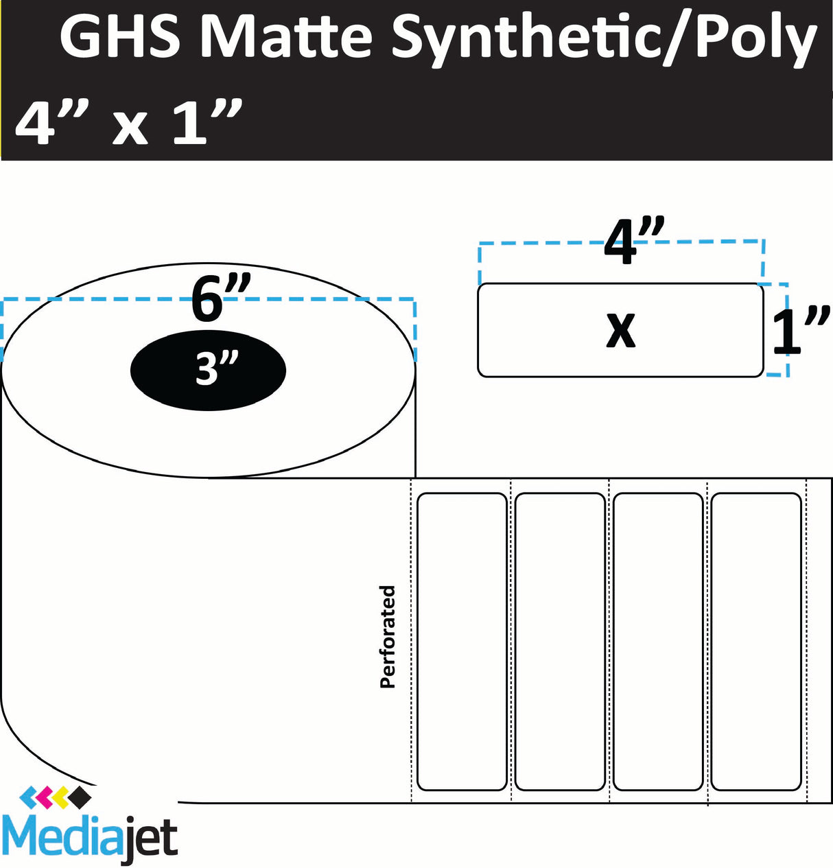 4" x 1" GHS / BS5609 Matte Synthetic Inkjet Labels. 4 Rolls per Case. 1,800 Labels per Roll. 6" OD, 3" Core. Perfs. SKU: ISP-4-1-1800-3