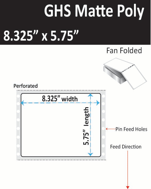8.325" x 5.75" (A5) GHS / BS5609 Inkjet Labels, Pin Fed and Fan Folded. 2,000 per Case. Perfed. SKU: ISP-8325-575-2000