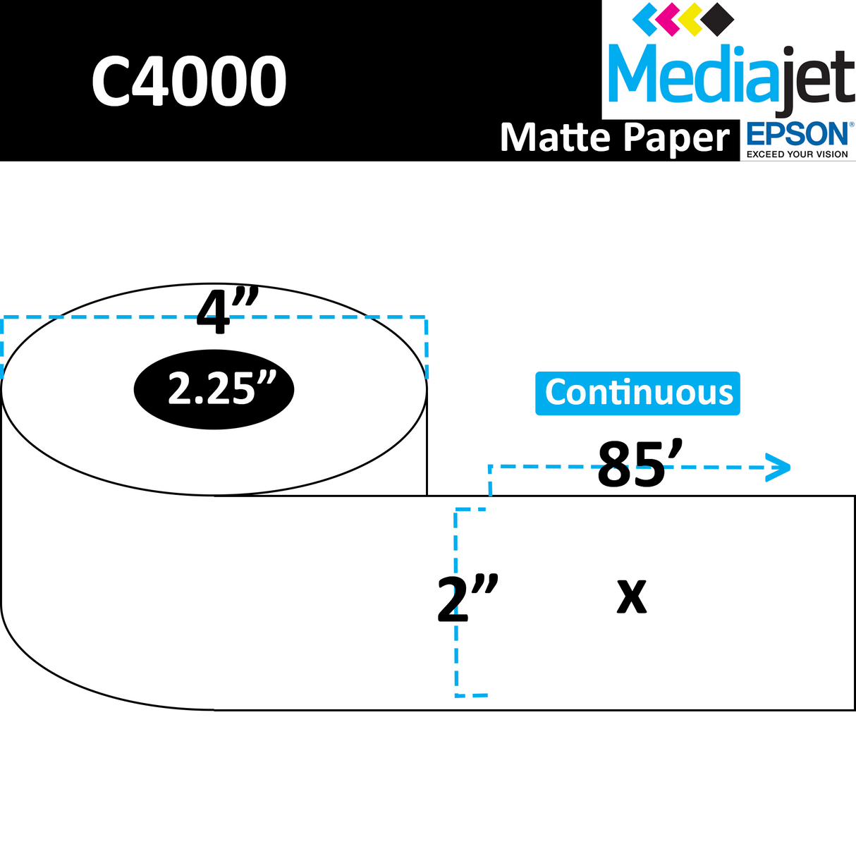 2" x 85' Continuous Matte Paper Inkjet Labels. 12 Rolls per Case. 4" OD, 2.25" Core. SKU: IJM-2-85-12-225