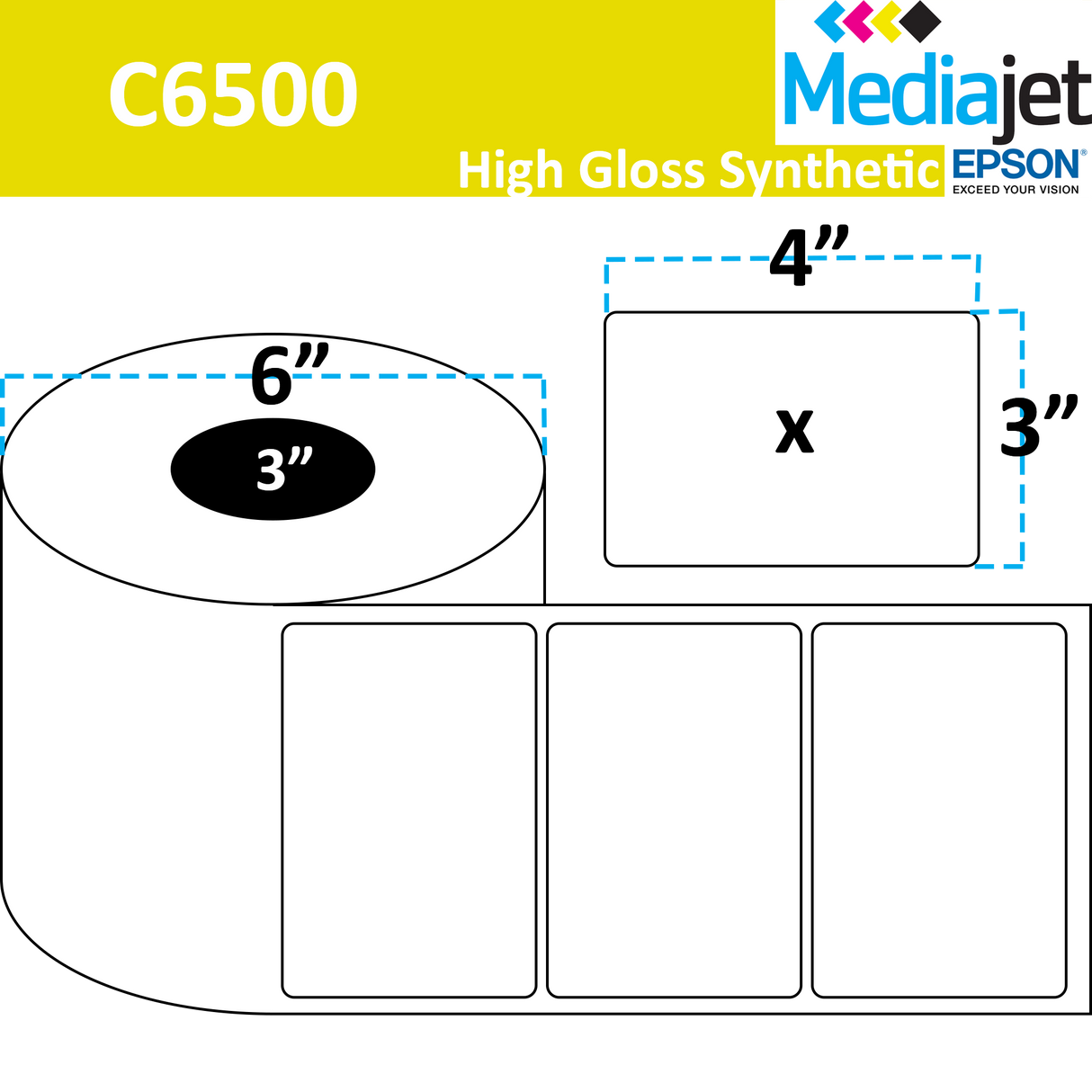 4" x 3" Gloss Synthetic Inkjet Labels. 4 Rolls per Case. 800 Labels per Roll. 6" OD, 3" Core. Perfed. SKU: IGP-4-3-800-3