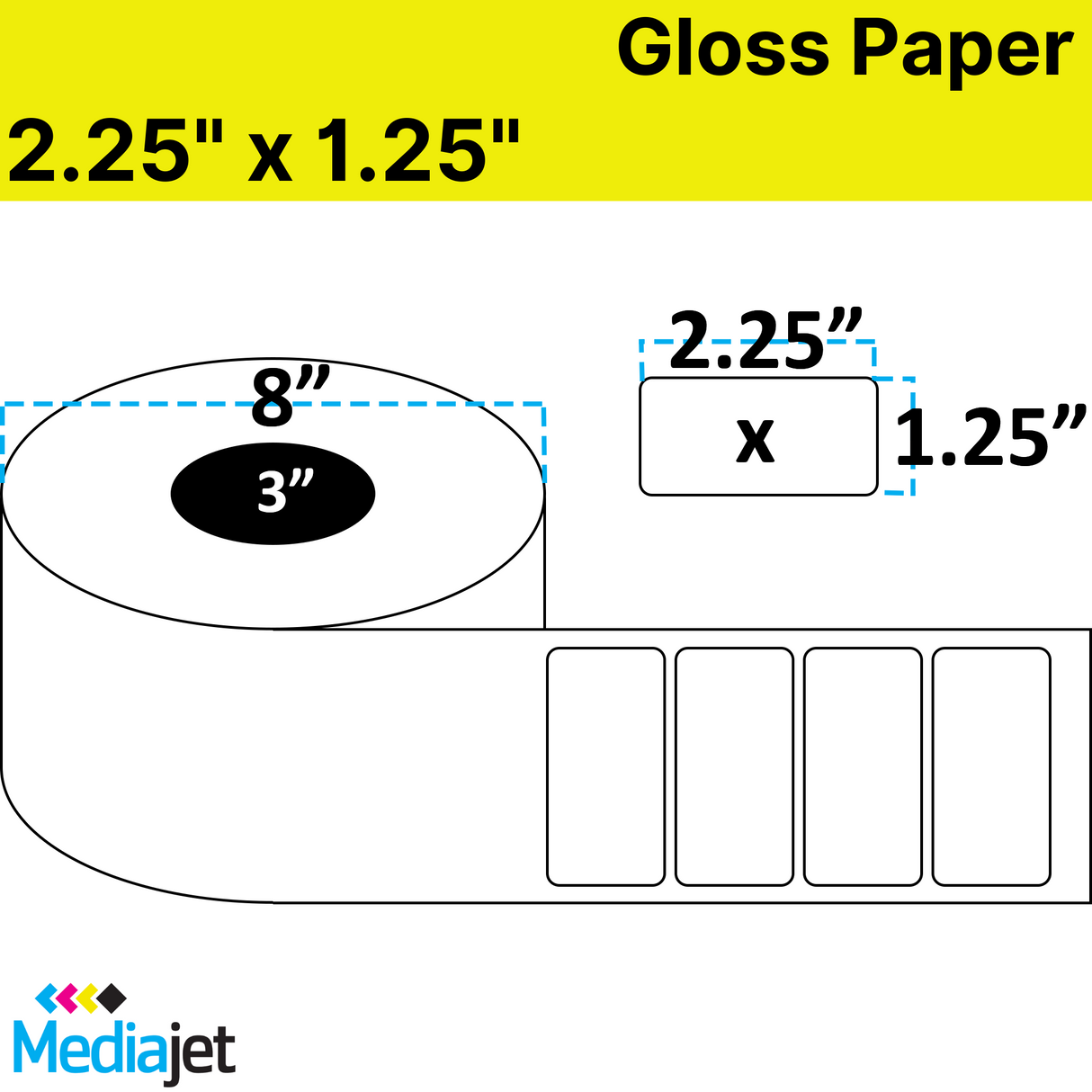 2.25" x 1.25" Gloss Paper Inkjet Labels. 2 Rolls per Case. 4,250 Labels per Roll. 8" OD, 3" Core. No Perf. SKU: IJG-225-125-4250-3NP
