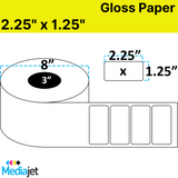 2.25" x 1.25" Gloss Paper Inkjet Labels. 2 Rolls per Case. 4,250 Labels per Roll. 8" OD, 3" Core. No Perf. SKU: IJG-225-125-4250-3NP