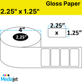 2.25" x 1.25" Cut  Gloss Paper Inkjet Labels. 8 Rolls per Case. 750 Labels per Roll. 4" OD, 2.25" Core. Perfed. SKU: IJG-225-125-750-225