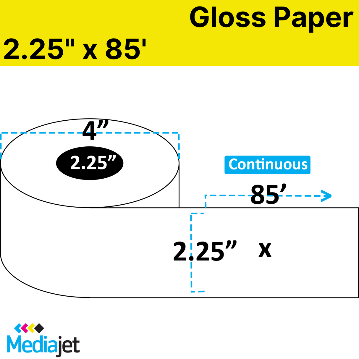 2.25" x 85' Continuous Gloss Paper Inkjet Labels. 12 Rolls per Case. 4" OD, 2.25" Core. SKU: IJG-225-85-12-225
