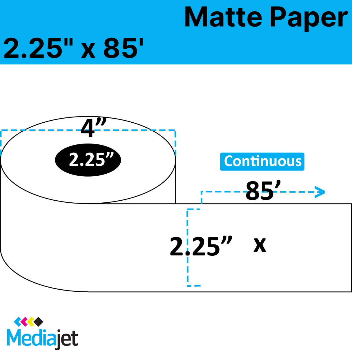 2.25" x 85' Continuous Matte Paper Inkjet Labels. 12 Rolls per Case. 4" OD, 2.25" Core. SKU: IJM-225-85-12-225