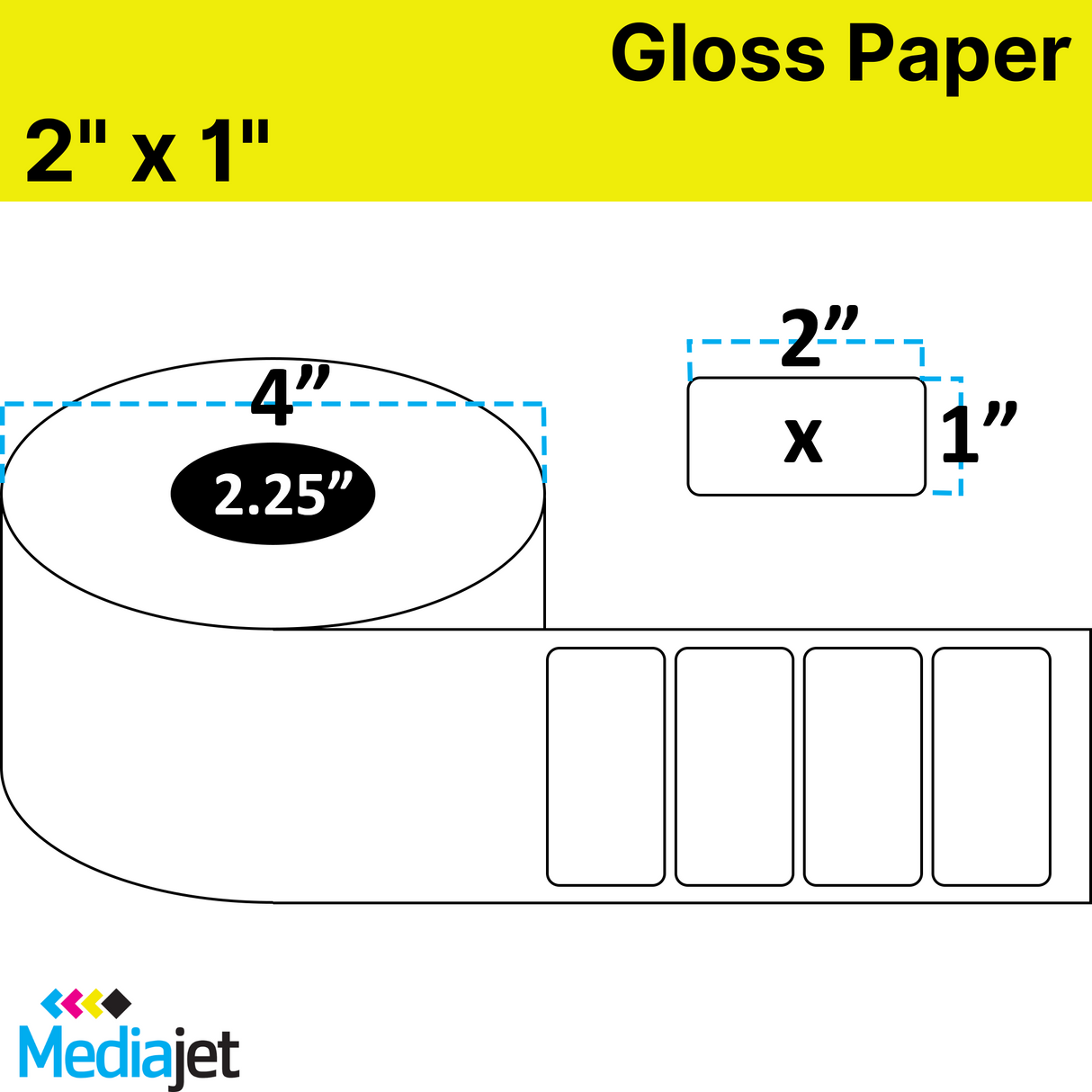 2" x 1" Gloss Paper Inkjet Labels. 8 Rolls per Case. 900 Labels per Roll. 4" OD, 2.25" Core. Perfed. IJG-2-1-900-225