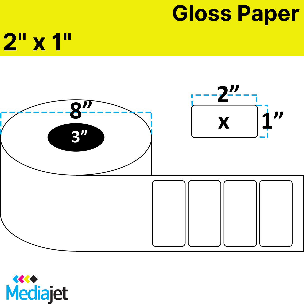 2" x 1" Gloss Paper Inkjet Labels. 2 Rolls per Case. 5,250 Labels per Roll. 8" OD, 3" Core. No Perfs. SKU: IJG-2-1-5250-3NP