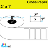 2" x 1" Gloss Paper Inkjet Labels. 2 Rolls per Case. 5,250 Labels per Roll. 8" OD, 3" Core. No Perfs. SKU: IJG-2-1-5250-3NP