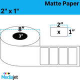 2" x 1" Inkjet Matte Paper Labels. 2 Rolls per Case. 5,250 Labels per Roll. 8" OD, 3" Core. No Perf. SKU: IJM-2-1-5250-3NP