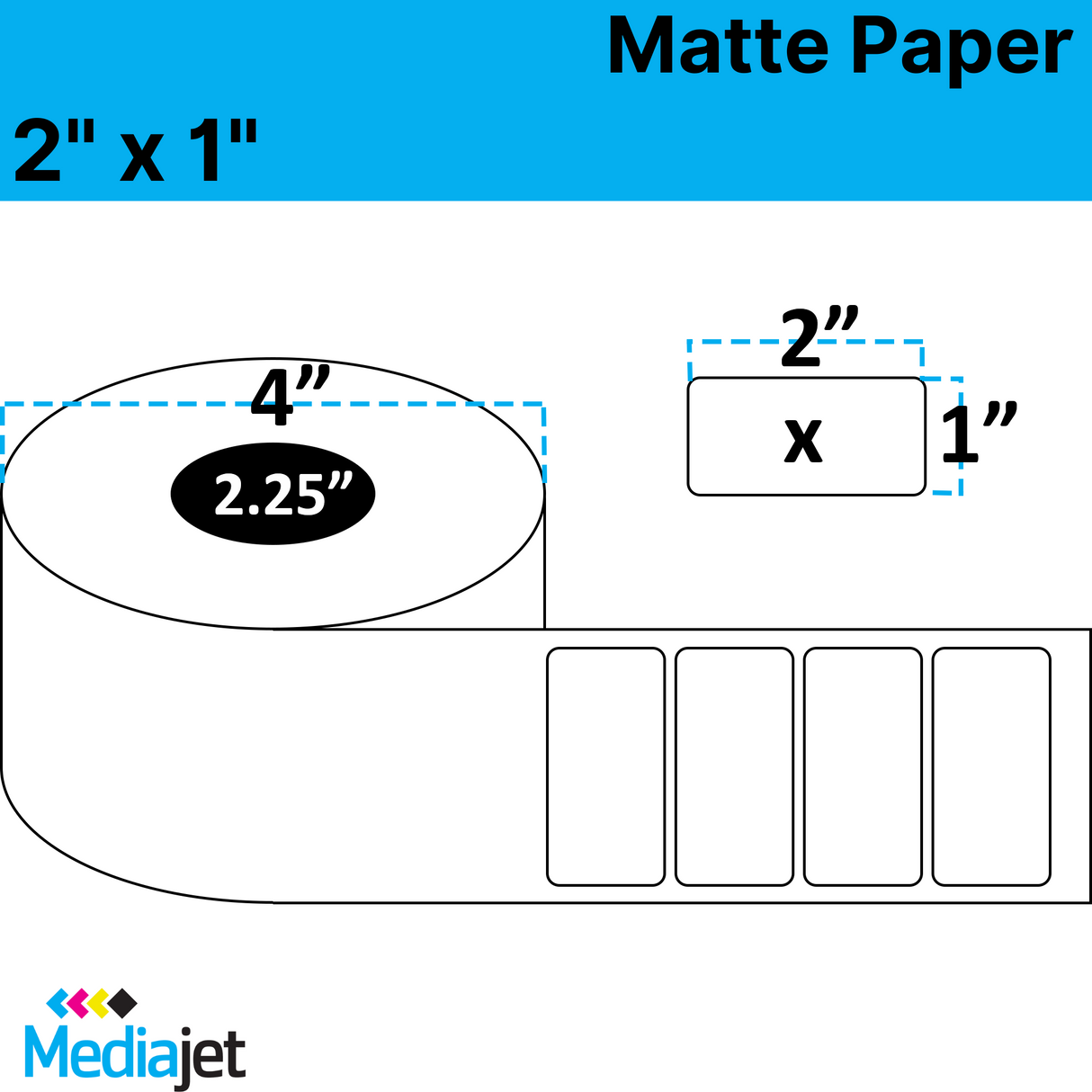 2" x 1" Matte Paper Inkjet Labels. 8 Rolls per Case. 900 Labels per Roll. 4" OD, 2.25" Core. Perfed. IJM-2-1-900-225