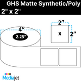 2" x 2" GHS / BS5609 Matte Synthetic Inkjet Labels. 8 Rolls per Case. 400 Labels per Roll. 4" OD, 2.25" Core. Perfed. SKU: ISP-2-2-400-225