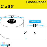 2" x 85' Continuous Gloss Paper Inkjet Labels. 12 Rolls per Case. 4" OD, 2.25" Core. SKU: IJG-2-85-12-225