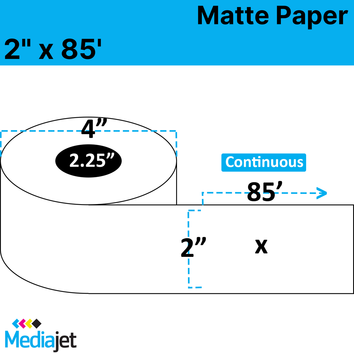 2" x 85' Continuous Matte Paper Inkjet Labels. 12 Rolls per Case. 4" OD, 2.25" Core. SKU: IJM-2-85-12-225