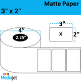 3" x 2" Matte Paper Inkjet Labels. 8 Rolls per Case. 450 Labels per Roll. 4" OD, 2.25" Core. Perfed. SKU: IJM-3-2-450-225