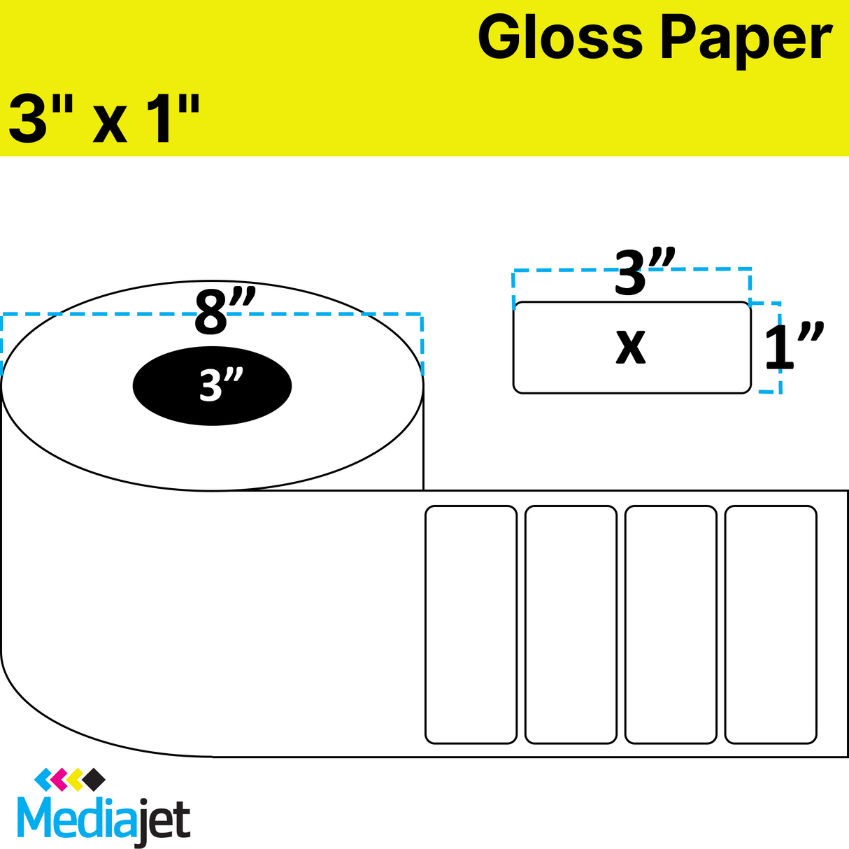 3" x 1" Gloss Paper Inkjet Labels. 2 Rolls per Case. 5,250 Labels per Roll. 8" OD, 3" Core. No Perf. SKU: IJG-3-1-5250-3NP
