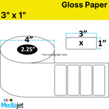 3" x 1" Gloss Paper Inkjet Labels. 8 Rolls per Case. 900 Labels per Roll. 4" OD, 2.25" Core. Perfed. SKU: IJG-3-1-900-225