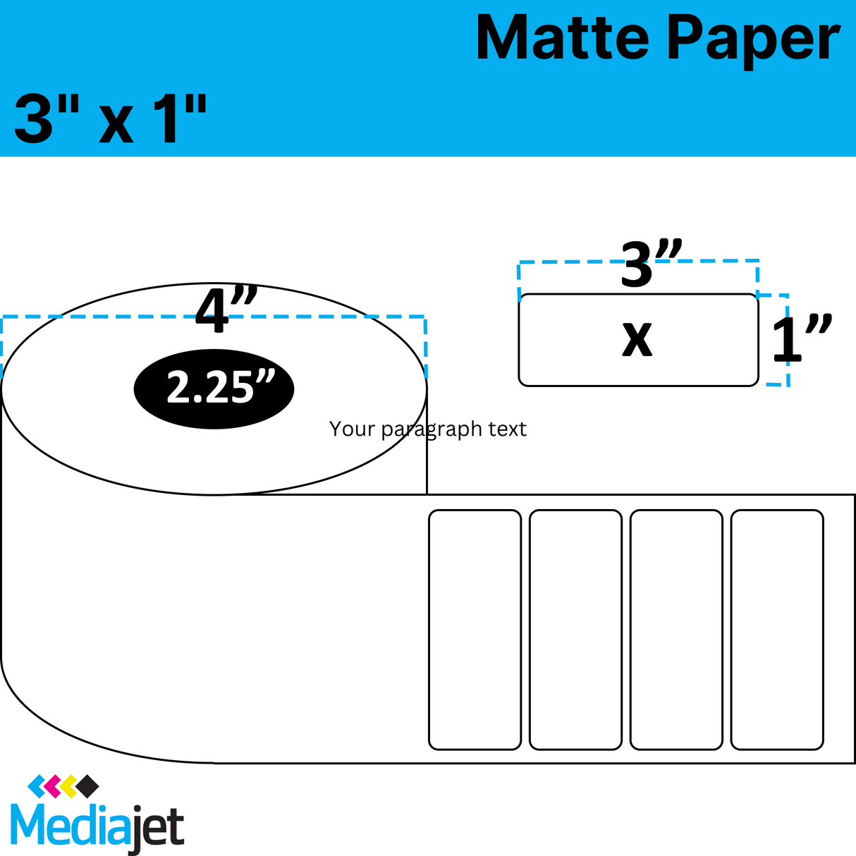 3" x 1" Matte Paper Inkjet Labels. 8 Rolls per Case. 900 Labels per Roll. 4" OD, 2.25" Core. Perfed. SKU: IJM-3-1-900-225