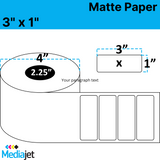 3" x 1" Matte Paper Inkjet Labels. 8 Rolls per Case. 900 Labels per Roll. 4" OD, 2.25" Core. Perfed. SKU: IJM-3-1-900-225