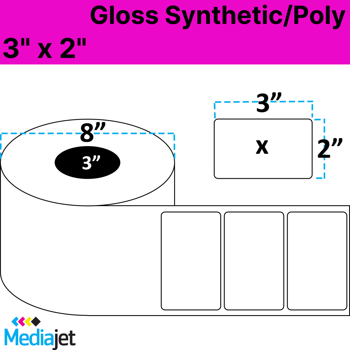 <strong>3" x 2"</strong><br>Die Cut Gloss Synthetic Inkjet Labels<br>(2 Rolls)