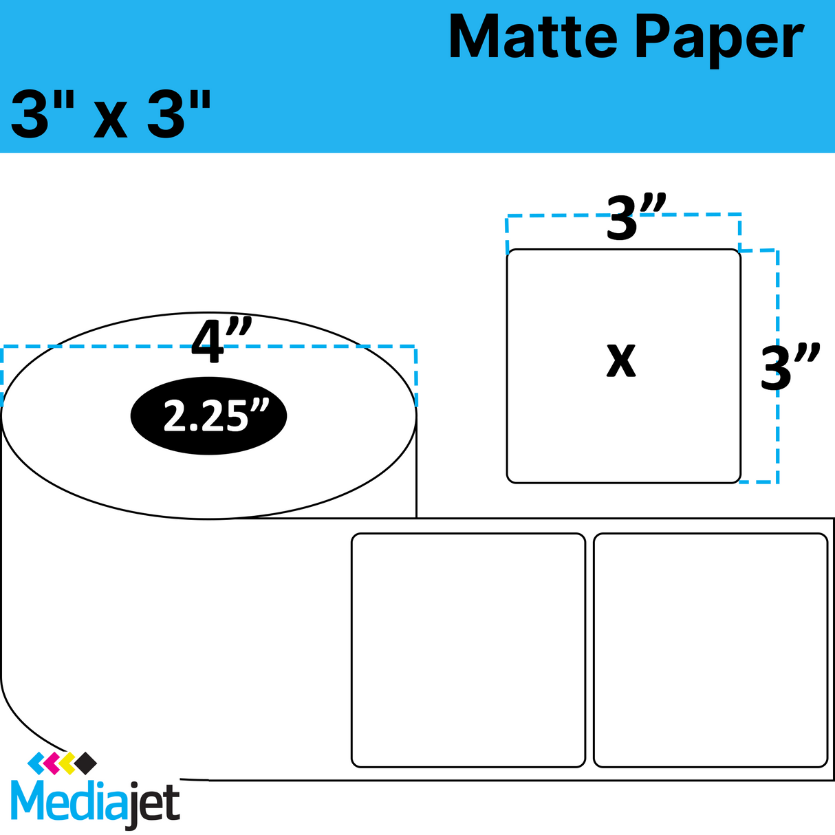 3" x 3" Matte Paper Inkjet Labels. 8 Rolls per Case. 350 Labels per Roll. 4" OD, 2.25" Core. Perfed. SKU: IJM-3-3-350-225