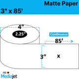 3" x 85' Continuous Matte Paper Inkjet Labels. 12 Rolls per Case. 4" OD, 2.25" Core. SKU: IJM:-3-85-12-225