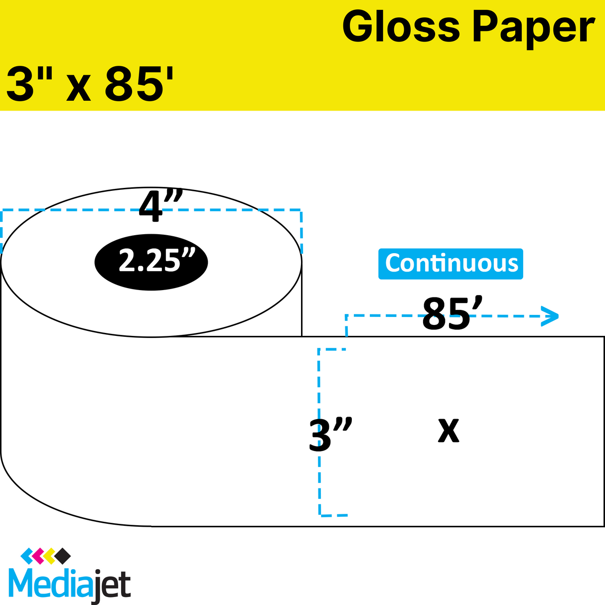 3" x 85' Continuous Gloss Paper Inkjet Labels. 12 Rolls per Case. 4" OD, 2.25" Core. SKU: IJG-3-85-12-225