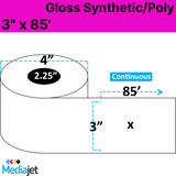 3" x 85' Continuous Gloss Synthetic Inkjet Labels. 12 Rolls per Case. 4" OD, 2.25" Core. SKU: IGP-3-85-12-225