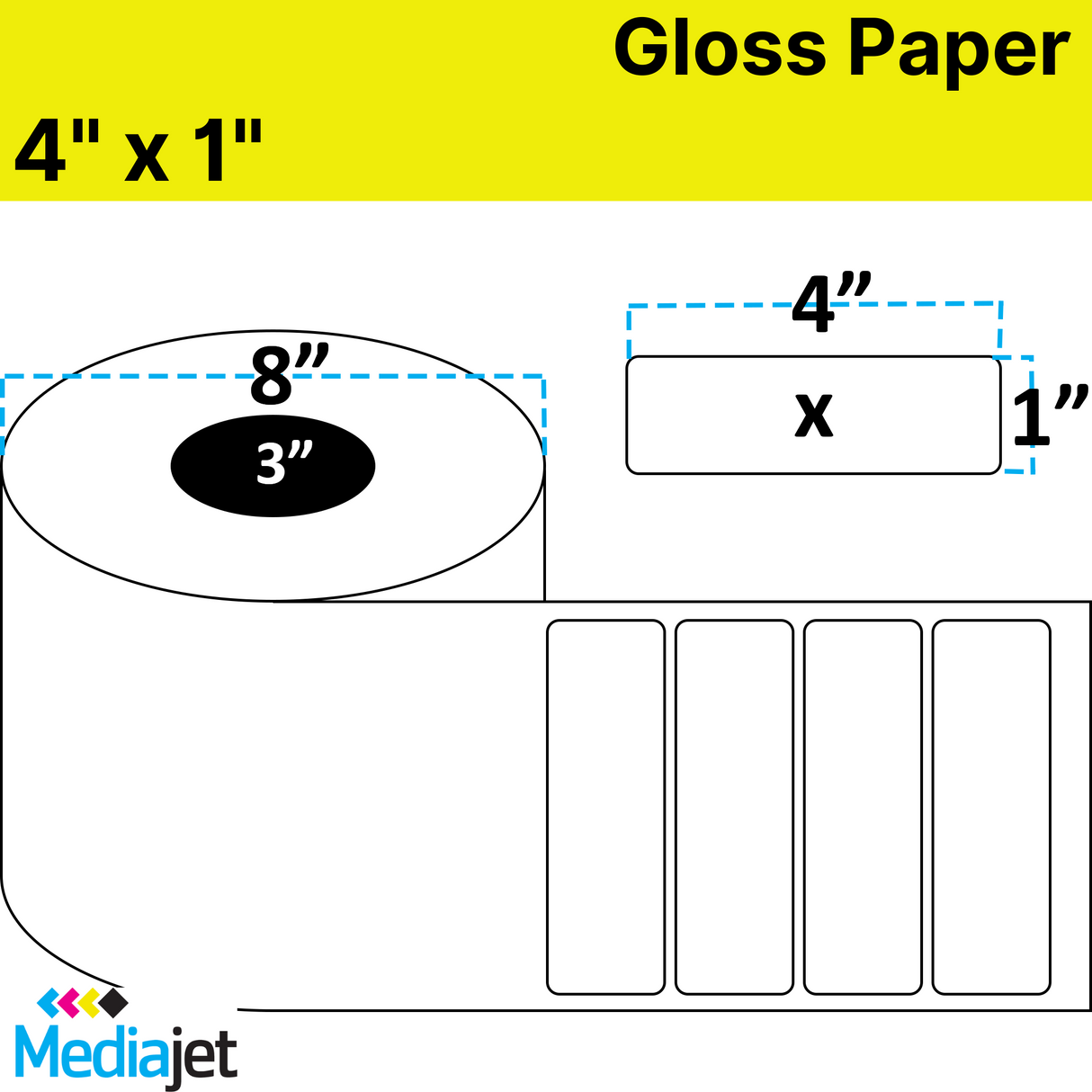 4" x 1" Gloss Paper Inkjet Labels. 2 Rolls per Case. 5,250 Labels per Roll. 8" OD, 3" Core. No Perf. SKU: IJG-4-1-5250-3NP
