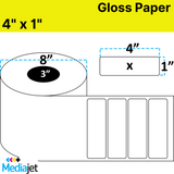 4" x 1" Gloss Paper Inkjet Labels. 2 Rolls per Case. 5,250 Labels per Roll. 8" OD, 3" Core. No Perf. SKU: IJG-4-1-5250-3NP