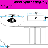 4" x 1" Gloss Synthetic Inkjet Labels. 8 Rolls per Case. 900 Labels per Roll. 4" OD, 2.25" Core. Perfed. SKU: IGP-4-1-900-225