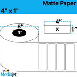 4" x 1" Matte Paper Inkjet Labels. 2 Rolls per Case. 5,250 Labels per Roll. 8" OD, 3" Core. No Perf. SKU: IJM-4-1-5250-3NP