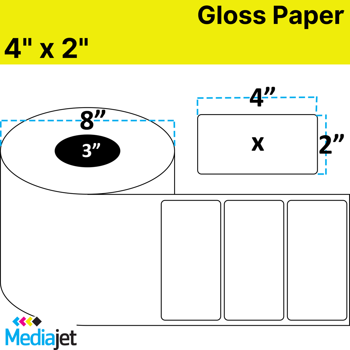 4" x 2" Gloss Paper Inkjet Labels. 2 Rolls per Case. 2,750 Labels per Rolls. 8" OD, 3" Core. No Perf. SKU: IJG-4-2-2750-3NP