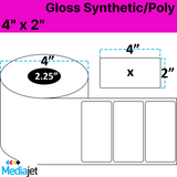 4" x 2" Gloss Synthetic Inkjet Labels. 8 Rolls per Case. 450 Labels per Roll. 4" OD, 2.25" Core. Perfed. SKU: IGP-4-2-450-225