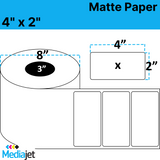4" x 2" Matte Paper Inkjet Labels. 2 Rolls per Case. 2,750 Labels per Roll. 8" OD, 3" Core. No Perf. SKU: IJM-4-2-2750-3NP