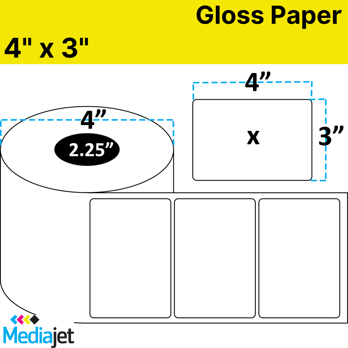 4" x 3" Gloss Paper Inkjet Labels. 8 Rolls per Case. 350 Labels per Roll. 4" OD, 2.25" Core. Perfed. SKU: IJG-4-3-350-225