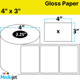 4" x 3" Gloss Paper Inkjet Labels. 8 Rolls per Case. 350 Labels per Roll. 4" OD, 2.25" Core. Perfed. SKU: IJG-4-3-350-225