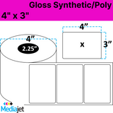 4" x 3" Gloss Synthetic Inkjet Labels. 8 Rolls per Case, 350 Labels per Roll. 4" OD, 2.25" Core. Perfed. SKU: IGP-4-3-350-225