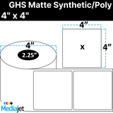4" x 4" GHS / BS5609 Matte Synthetic Inkjet Labels. 8 Rolls per Case. 225 Labels per Roll. 4" OD, 2.25" Core. Perfed. SKU: ISP-4-4-225-225