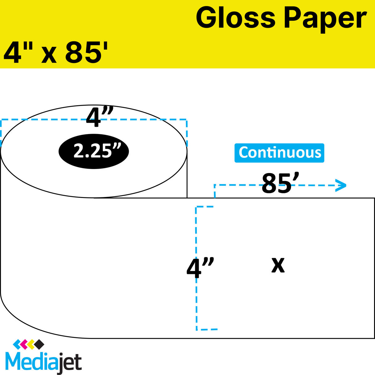 4" x 85' Continuous Gloss Paper Inkjet Labels. 12 Rolls per Case. 4" OD, 2.25" Core. SKU: IJG-4-85-12-225