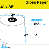 4" x 85' Continuous Gloss Paper Inkjet Labels. 12 Rolls per Case. 4" OD, 2.25" Core. SKU: IJG-4-85-12-225